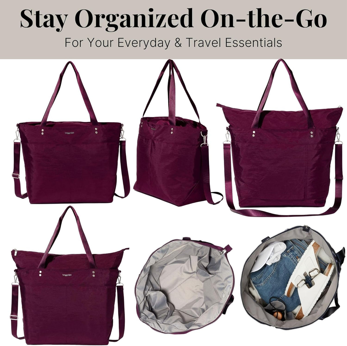 Carryall Tote - Lightweight Nylon Zipper Top Weekender Travel Beach Bag w/Luggage Sleeve