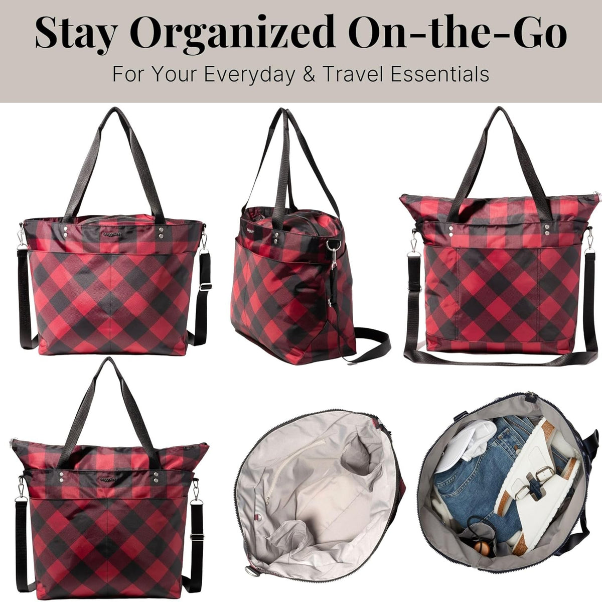 Carryall Tote - Lightweight Nylon Zipper Top Weekender Travel Beach Bag w/Luggage Sleeve