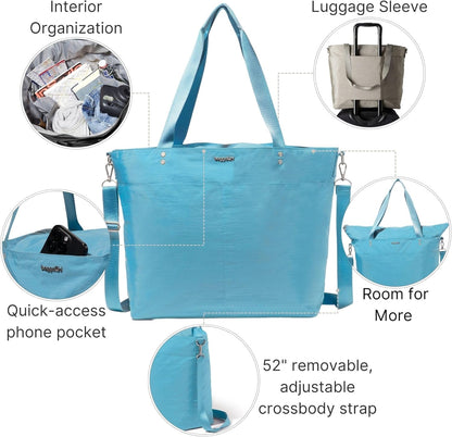 Carryall Tote - Lightweight Nylon Zipper Top Weekender Travel Beach Bag w/Luggage Sleeve