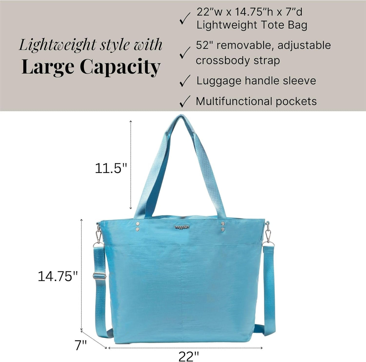 Carryall Tote - Lightweight Nylon Zipper Top Weekender Travel Beach Bag w/Luggage Sleeve