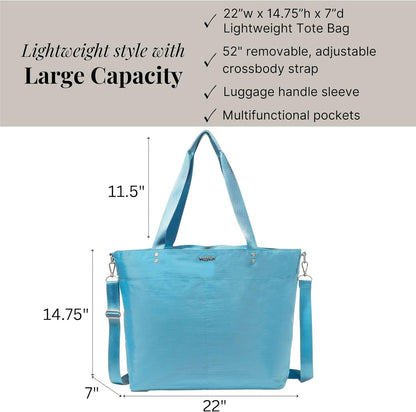 Carryall Tote - Lightweight Nylon Zipper Top Weekender Travel Beach Bag w/Luggage Sleeve