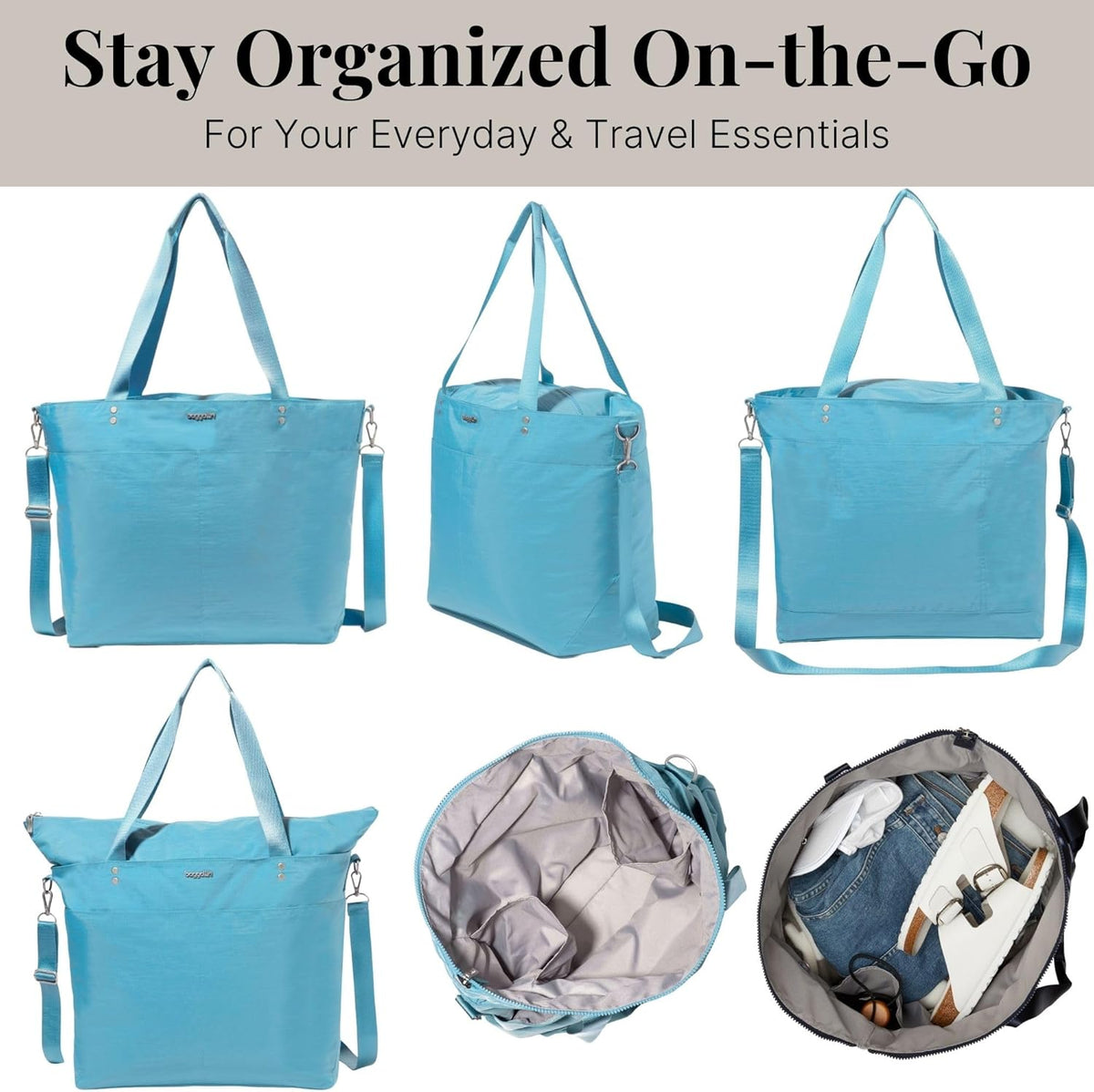 Carryall Tote - Lightweight Nylon Zipper Top Weekender Travel Beach Bag w/Luggage Sleeve