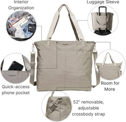 Carryall Tote - Lightweight Nylon Zipper Top Weekender Travel Beach Bag w/Luggage Sleeve