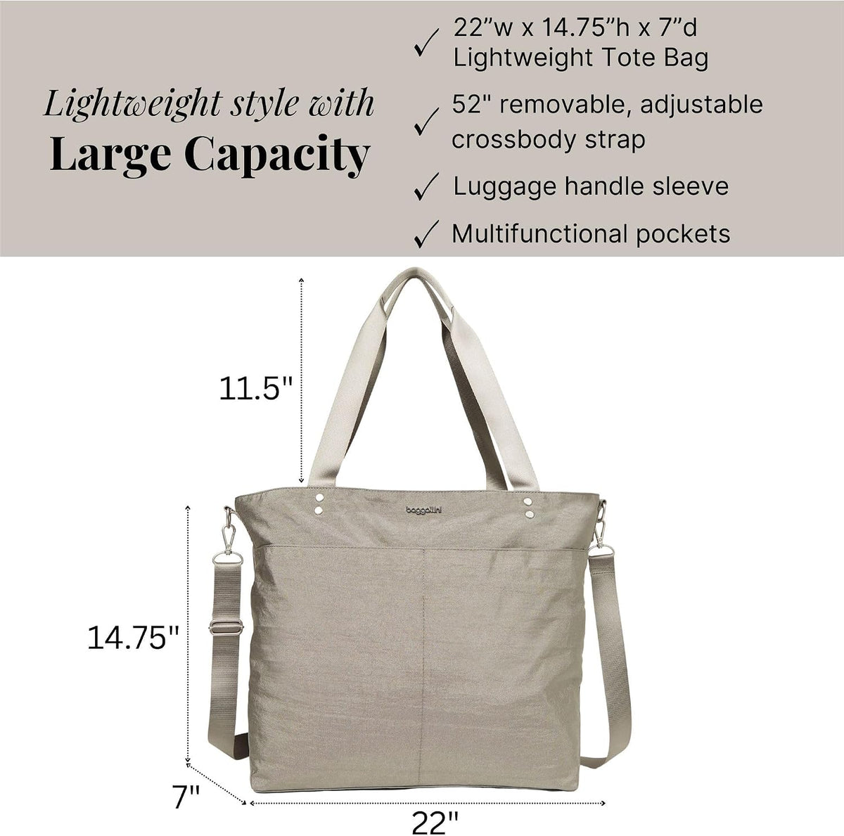 Carryall Tote - Lightweight Nylon Zipper Top Weekender Travel Beach Bag w/Luggage Sleeve
