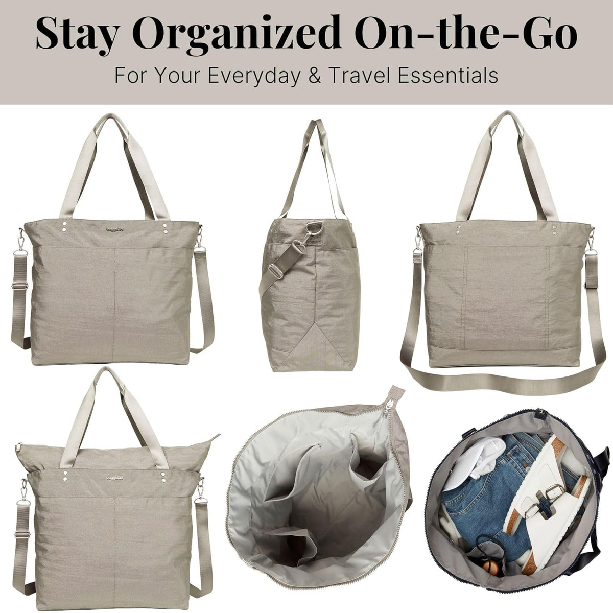 Carryall Tote - Lightweight Nylon Zipper Top Weekender Travel Beach Bag w/Luggage Sleeve