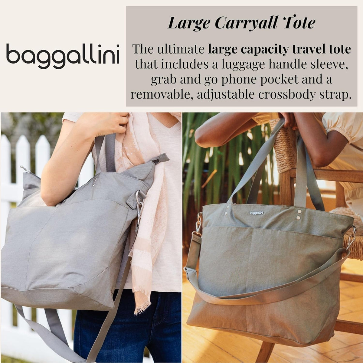 Carryall Tote - Lightweight Nylon Zipper Top Weekender Travel Beach Bag w/Luggage Sleeve