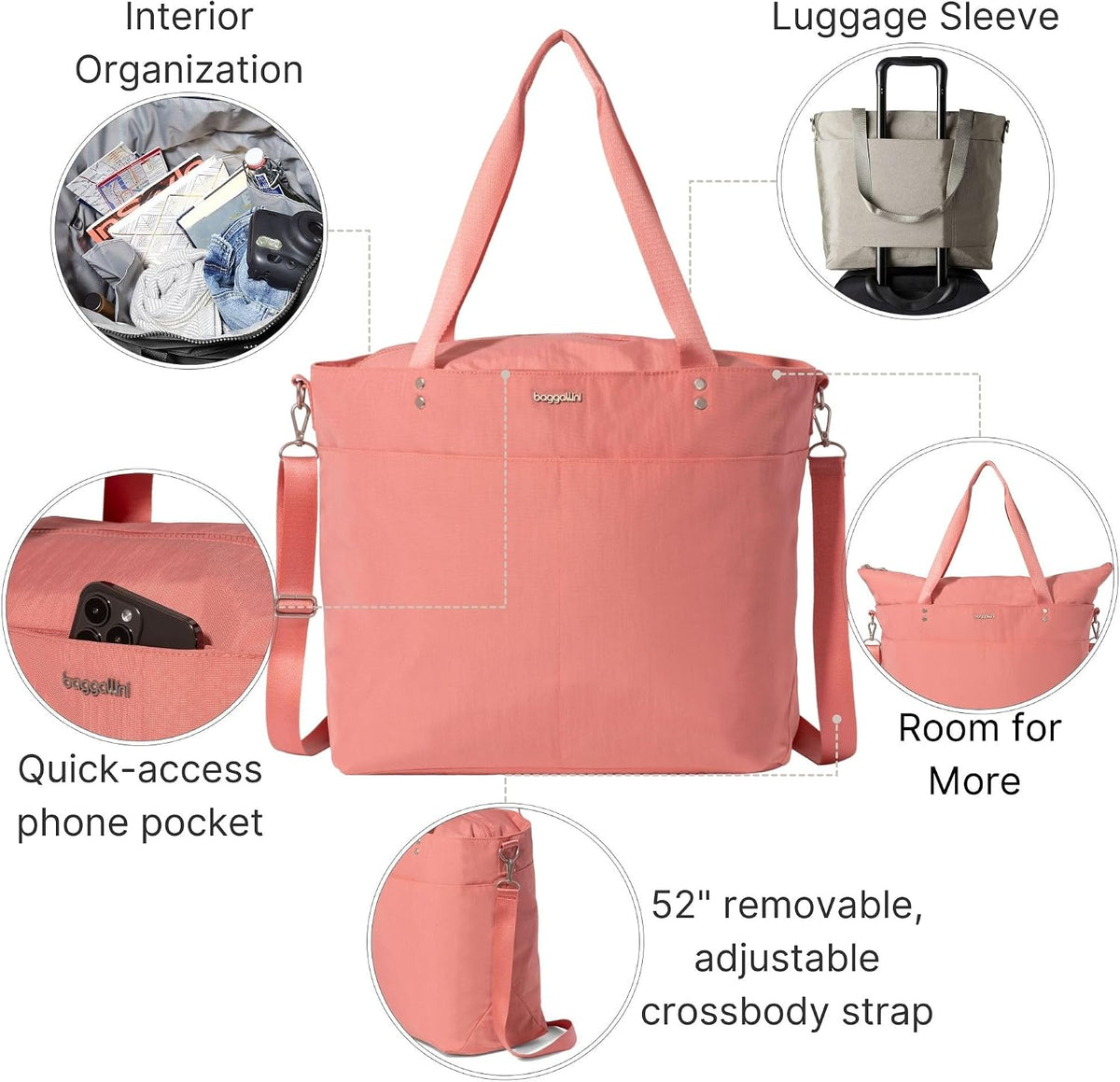 Carryall Tote - Lightweight Nylon Zipper Top Weekender Travel Beach Bag w/Luggage Sleeve