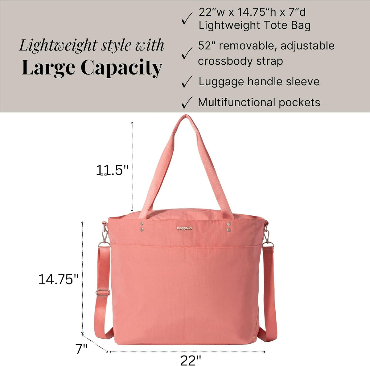 Carryall Tote - Lightweight Nylon Zipper Top Weekender Travel Beach Bag w/Luggage Sleeve