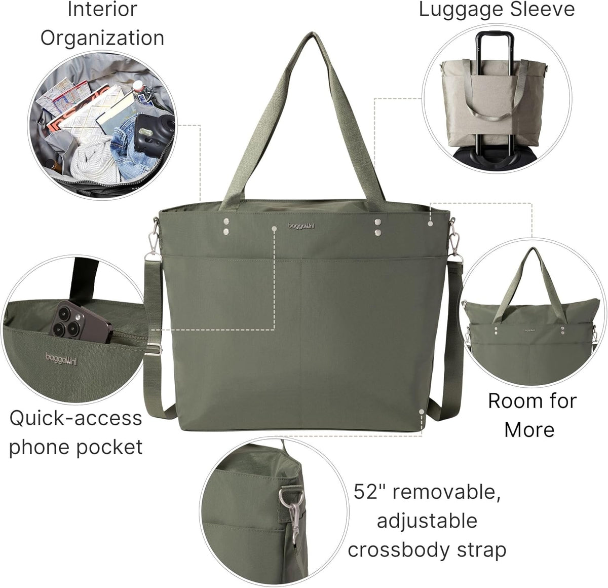Carryall Tote - Lightweight Nylon Zipper Top Weekender Travel Beach Bag w/Luggage Sleeve