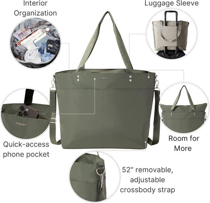 Carryall Tote - Lightweight Nylon Zipper Top Weekender Travel Beach Bag w/Luggage Sleeve