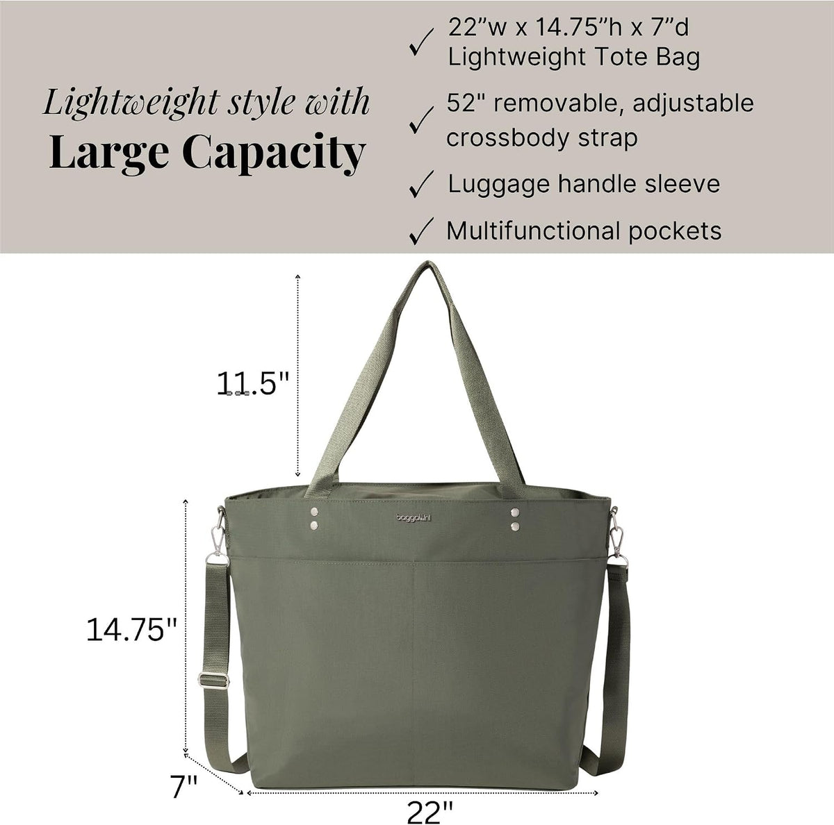 Carryall Tote - Lightweight Nylon Zipper Top Weekender Travel Beach Bag w/Luggage Sleeve