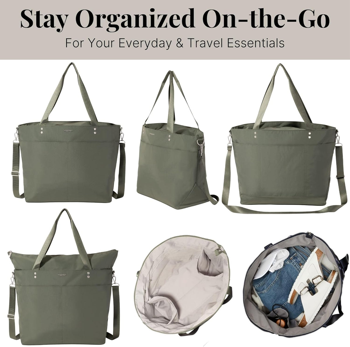 Carryall Tote - Lightweight Nylon Zipper Top Weekender Travel Beach Bag w/Luggage Sleeve