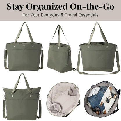 Carryall Tote - Lightweight Nylon Zipper Top Weekender Travel Beach Bag w/Luggage Sleeve