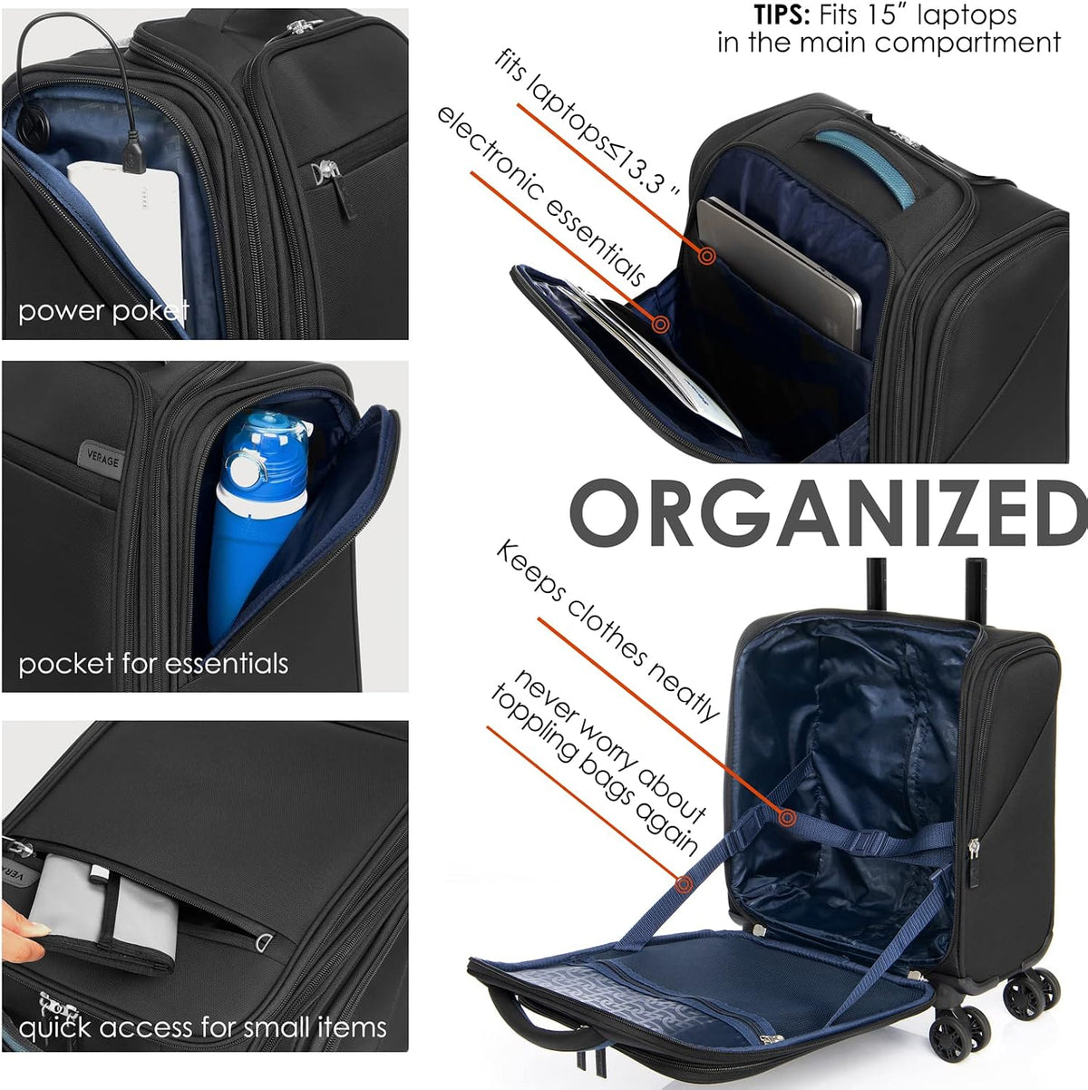 Underseat Carry On Luggage with Wheels & USB Port,14 inch Cloud Gray Wheeled Spinner Carry-on Luggages Bags for Airlines, Lightweight Overnight Suitcase for Men Women