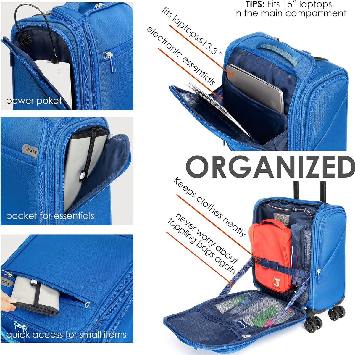 Underseat Carry On Luggage with Wheels & USB Port,14 inch Cloud Gray Wheeled Spinner Carry-on Luggages Bags for Airlines, Lightweight Overnight Suitcase for Men Women