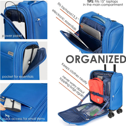 Underseat Carry On Luggage with Wheels & USB Port,14 inch Cloud Gray Wheeled Spinner Carry-on Luggages Bags for Airlines, Lightweight Overnight Suitcase for Men Women