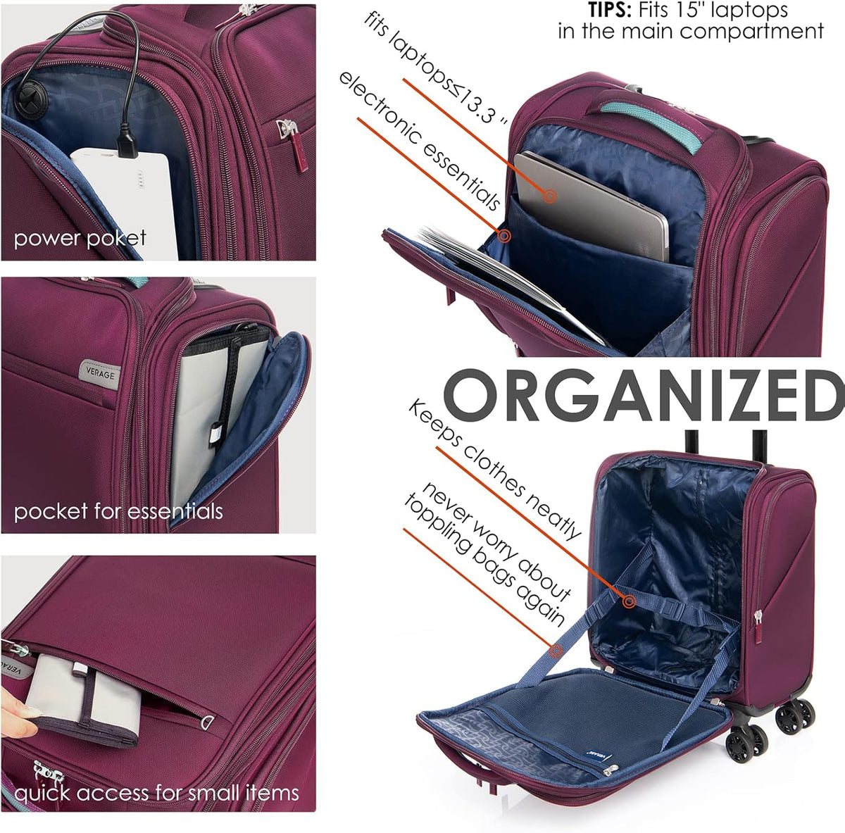 Underseat Carry On Luggage with Wheels & USB Port,14 inch Cloud Gray Wheeled Spinner Carry-on Luggages Bags for Airlines, Lightweight Overnight Suitcase for Men Women