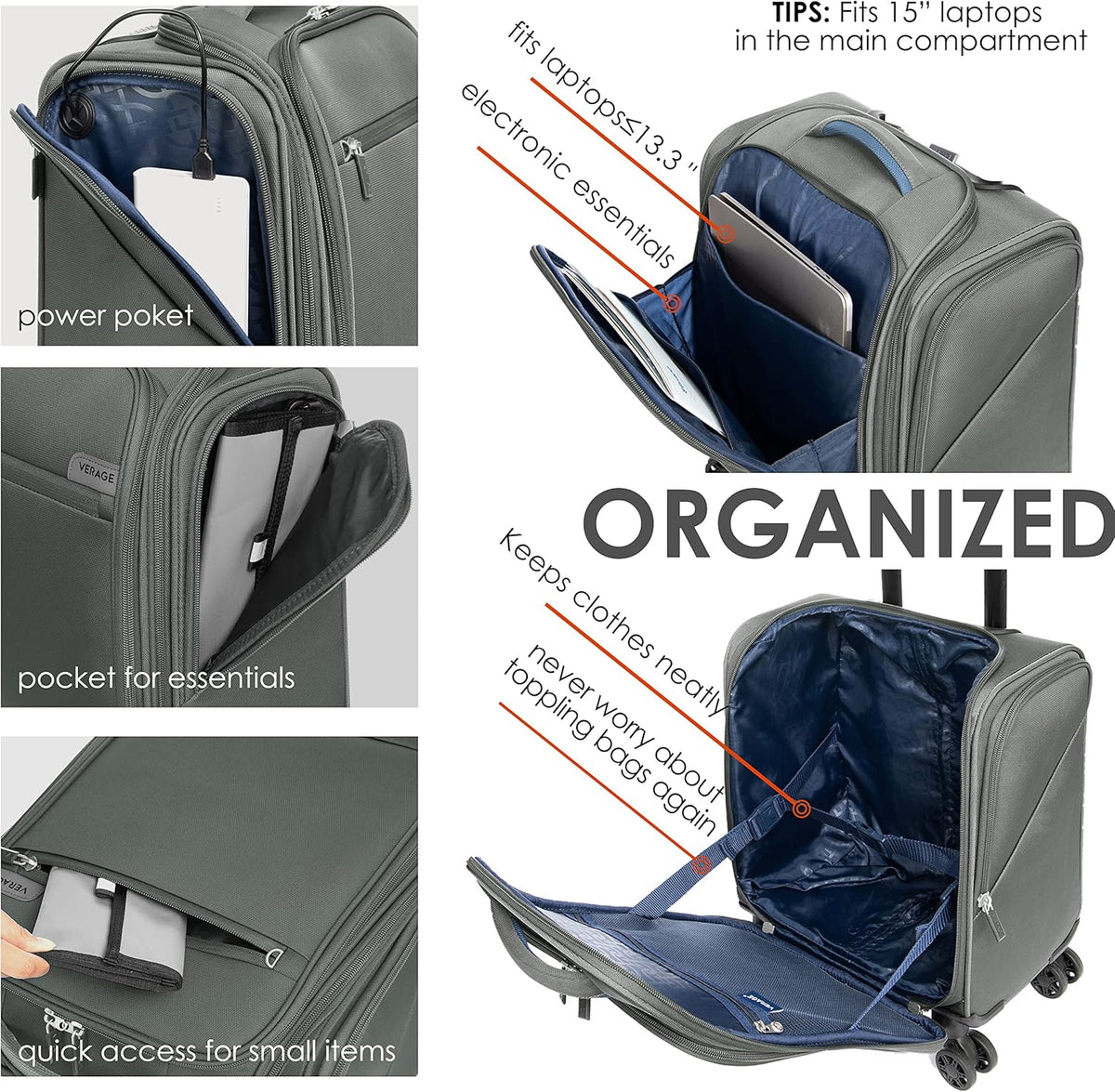 Underseat Carry On Luggage with Wheels & USB Port,14 inch Cloud Gray Wheeled Spinner Carry-on Luggages Bags for Airlines, Lightweight Overnight Suitcase for Men Women