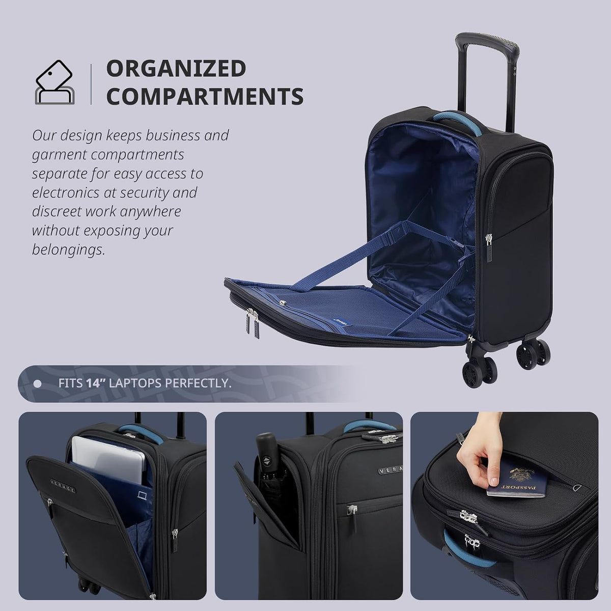 Underseat Carry On Luggage with Wheels & USB Port,14 inch Cloud Gray Wheeled Spinner Carry-on Luggages Bags for Airlines, Lightweight Overnight Suitcase for Men Women