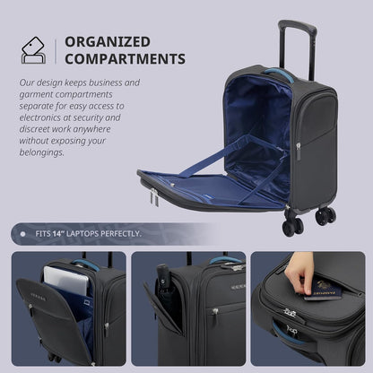 Underseat Carry On Luggage with Wheels & USB Port,14 inch Cloud Gray Wheeled Spinner Carry-on Luggages Bags for Airlines, Lightweight Overnight Suitcase for Men Women