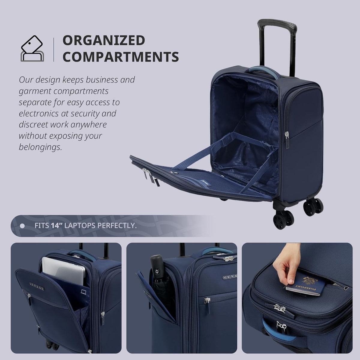 Underseat Carry On Luggage with Wheels & USB Port,14 inch Cloud Gray Wheeled Spinner Carry-on Luggages Bags for Airlines, Lightweight Overnight Suitcase for Men Women