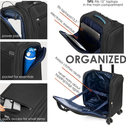 Underseat Carry On Luggage with Wheels & USB Port,14 inch Cloud Gray Wheeled Spinner Carry-on Luggages Bags for Airlines, Lightweight Overnight Suitcase for Men Women