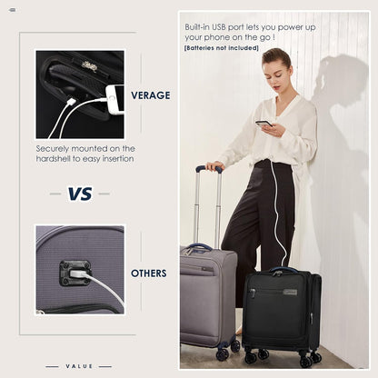 Underseat Carry On Luggage with Wheels & USB Port,14 inch Cloud Gray Wheeled Spinner Carry-on Luggages Bags for Airlines, Lightweight Overnight Suitcase for Men Women