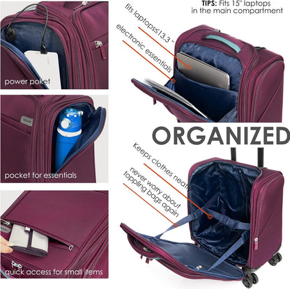 Underseat Carry On Luggage with Wheels & USB Port,14 inch Cloud Gray Wheeled Spinner Carry-on Luggages Bags for Airlines, Lightweight Overnight Suitcase for Men Women