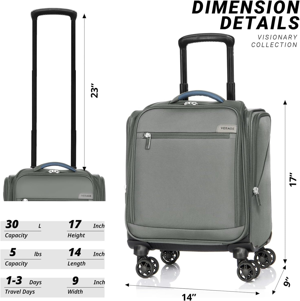 Underseat Carry On Luggage with Wheels & USB Port,14 inch Cloud Gray Wheeled Spinner Carry-on Luggages Bags for Airlines, Lightweight Overnight Suitcase for Men Women