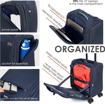 Underseat Carry On Luggage with Wheels & USB Port,14 inch Cloud Gray Wheeled Spinner Carry-on Luggages Bags for Airlines, Lightweight Overnight Suitcase for Men Women