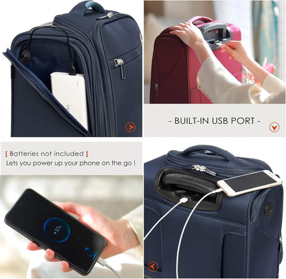 Underseat Carry On Luggage with Wheels & USB Port,14 inch Cloud Gray Wheeled Spinner Carry-on Luggages Bags for Airlines, Lightweight Overnight Suitcase for Men Women