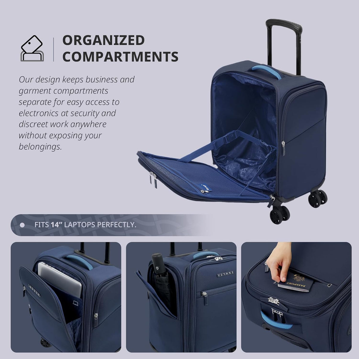 Underseat Carry On Luggage with Wheels & USB Port,14 inch Cloud Gray Wheeled Spinner Carry-on Luggages Bags for Airlines, Lightweight Overnight Suitcase for Men Women