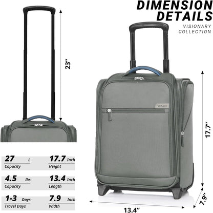 Underseat Carry On Luggage with Wheels & USB Port,14 inch Cloud Gray Wheeled Spinner Carry-on Luggages Bags for Airlines, Lightweight Overnight Suitcase for Men Women