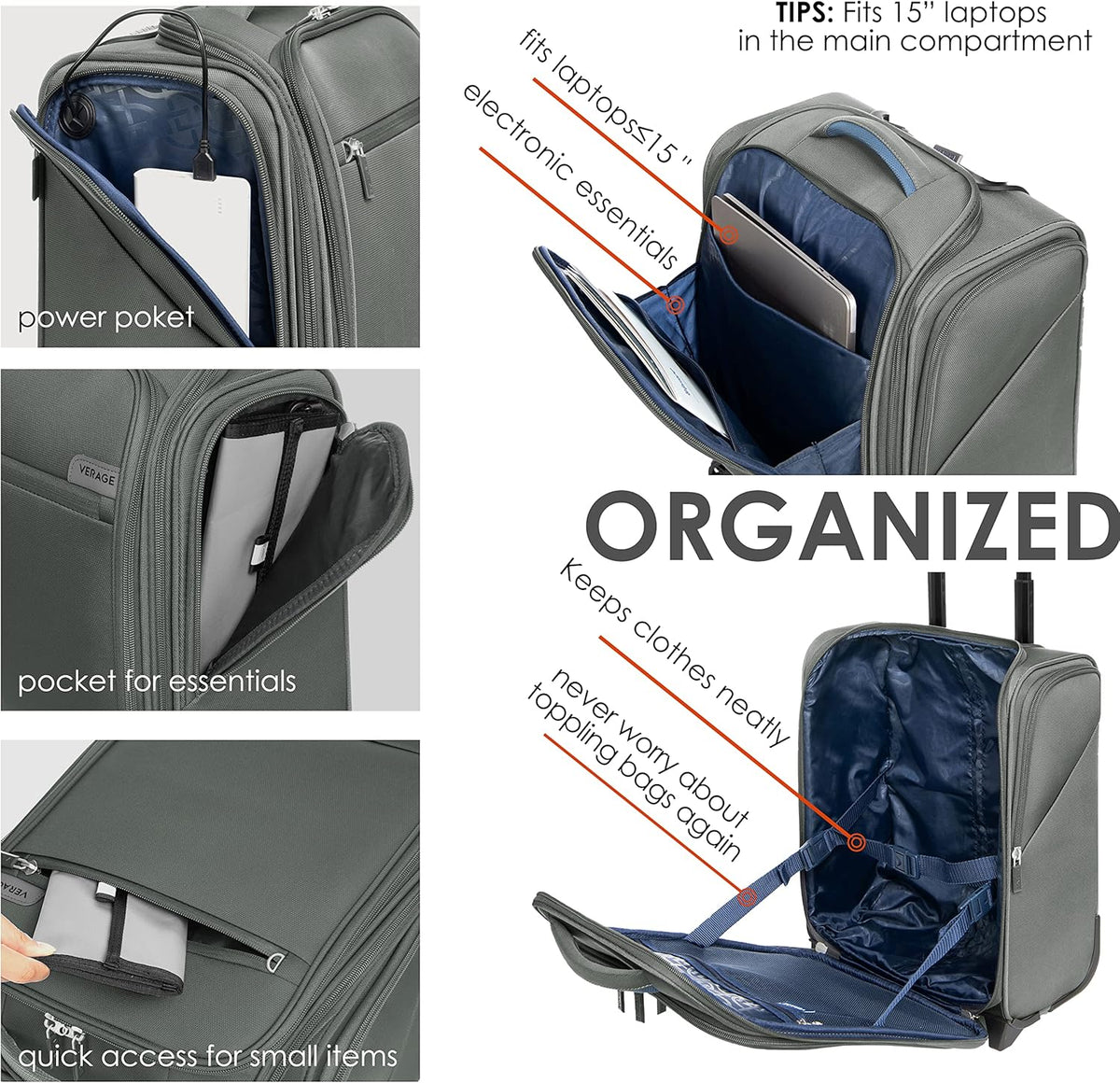 Underseat Carry On Luggage with Wheels & USB Port,14 inch Cloud Gray Wheeled Spinner Carry-on Luggages Bags for Airlines, Lightweight Overnight Suitcase for Men Women
