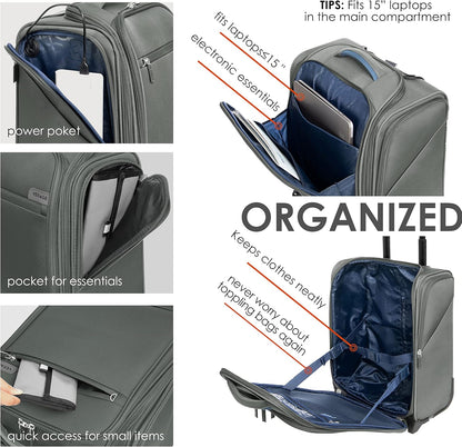 Underseat Carry On Luggage with Wheels & USB Port,14 inch Cloud Gray Wheeled Spinner Carry-on Luggages Bags for Airlines, Lightweight Overnight Suitcase for Men Women