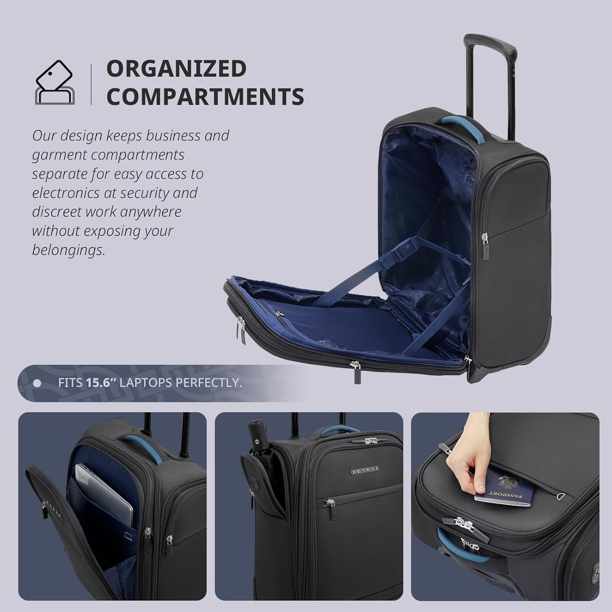 Underseat Carry On Luggage with Wheels & USB Port,14 inch Cloud Gray Wheeled Spinner Carry-on Luggages Bags for Airlines, Lightweight Overnight Suitcase for Men Women