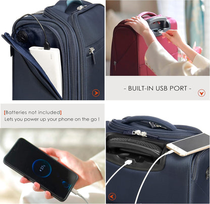 Underseat Carry On Luggage with Wheels & USB Port,14 inch Cloud Gray Wheeled Spinner Carry-on Luggages Bags for Airlines, Lightweight Overnight Suitcase for Men Women
