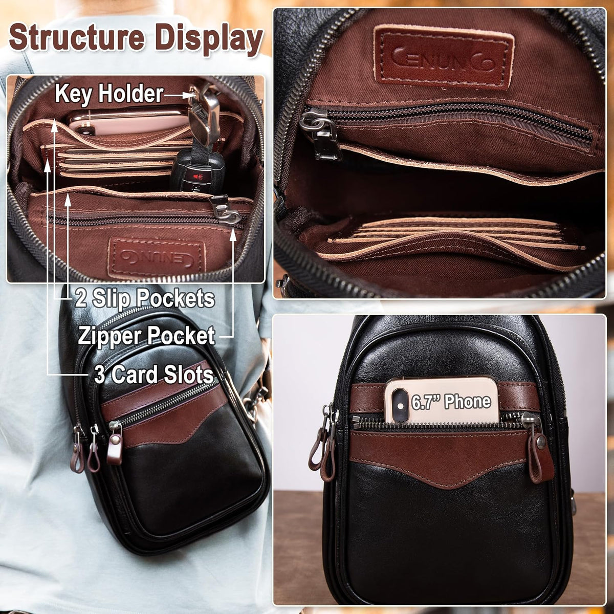 Genuine Leather Sling Bag for Men and Women Crossbody Shoulder Bag Sling Backpack Chest Purse Carry on Casual Daypack | Genuine Leather