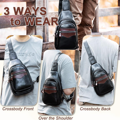 Genuine Leather Sling Bag for Men and Women Crossbody Shoulder Bag Sling Backpack Chest Purse Carry on Casual Daypack | Genuine Leather