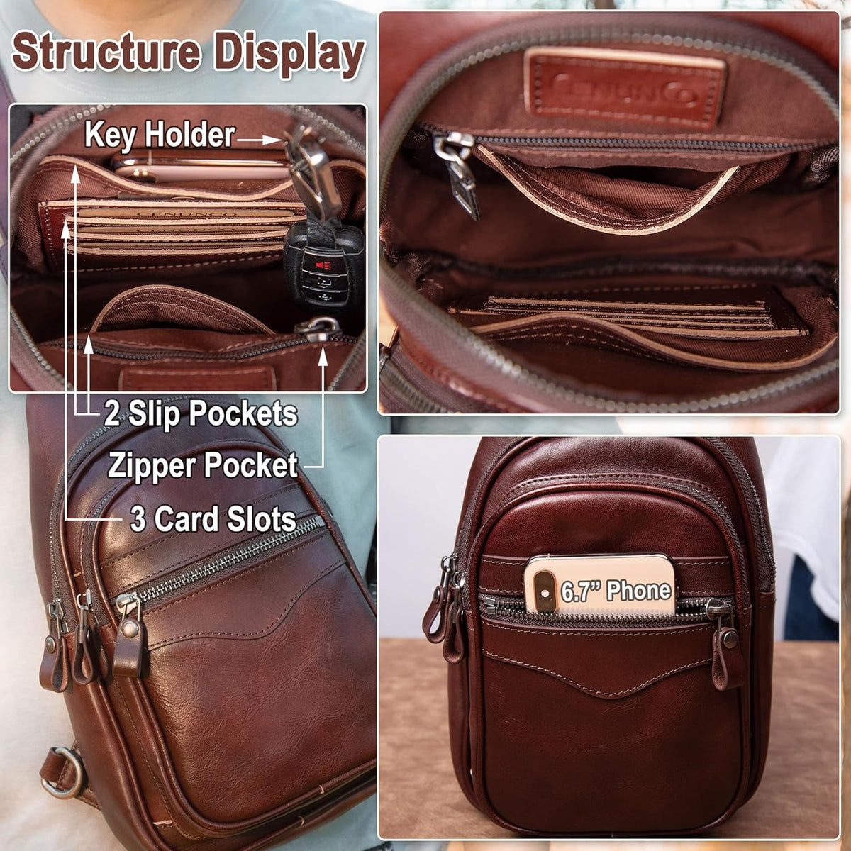 Genuine Leather Sling Bag for Men and Women Crossbody Shoulder Bag Sling Backpack Chest Purse Carry on Casual Daypack | Genuine Leather
