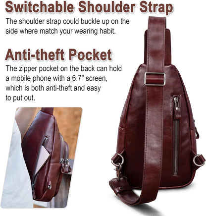 Genuine Leather Sling Bag for Men and Women Crossbody Shoulder Bag Sling Backpack Chest Purse Carry on Casual Daypack | Genuine Leather