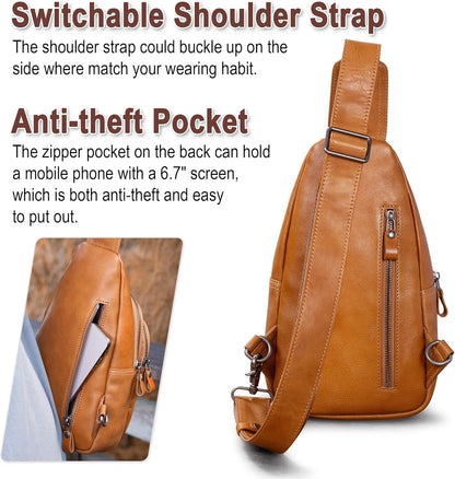 Genuine Leather Sling Bag for Men and Women Crossbody Shoulder Bag Sling Backpack Chest Purse Carry on Casual Daypack | Genuine Leather