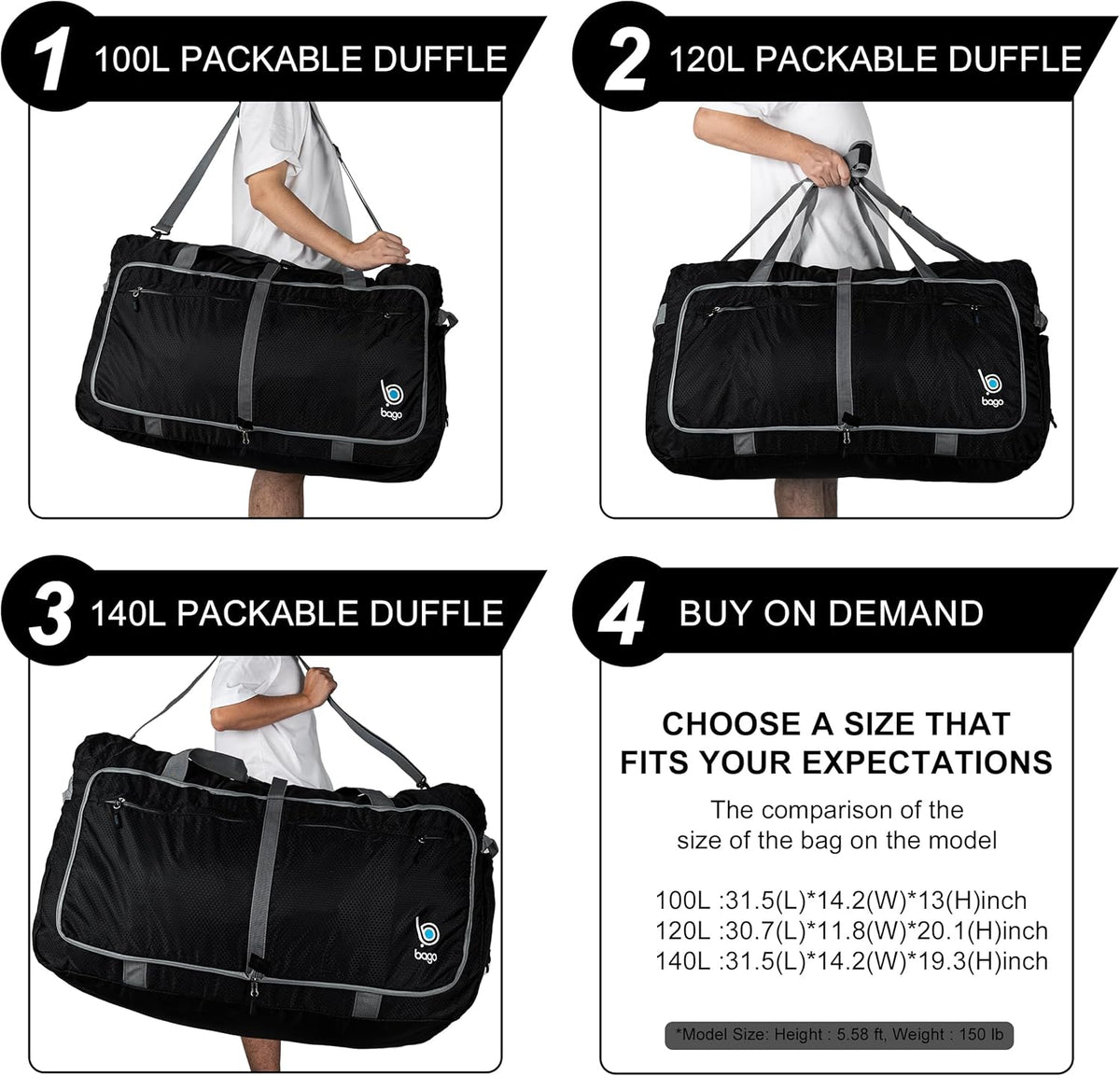 Bago Extra Large Duffle Bag for Travel Women & Men. Durable, Lightweight, Foldable Travel Duffel Bags For Traveling Women. 120L Duffle Bags Use As a Weekender Bag with Shoe Compartment, Checked Duffel