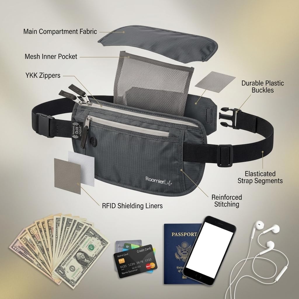Money Belt for Men Travel Security Belt with Hidden Money Compartment Pocket, Cashsafe Anti-Theft Wallet Non-Metal Buckle