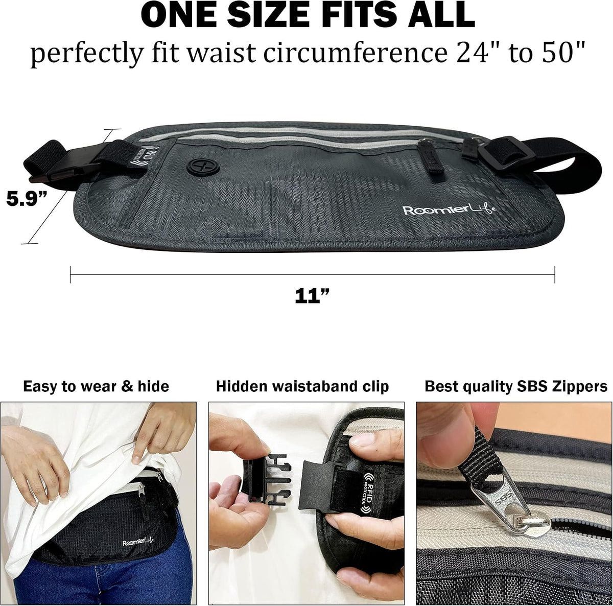 Money Belt for Men Travel Security Belt with Hidden Money Compartment Pocket, Cashsafe Anti-Theft Wallet Non-Metal Buckle