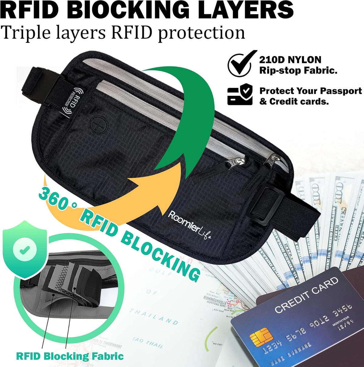 Money Belt for Men Travel Security Belt with Hidden Money Compartment Pocket, Cashsafe Anti-Theft Wallet Non-Metal Buckle