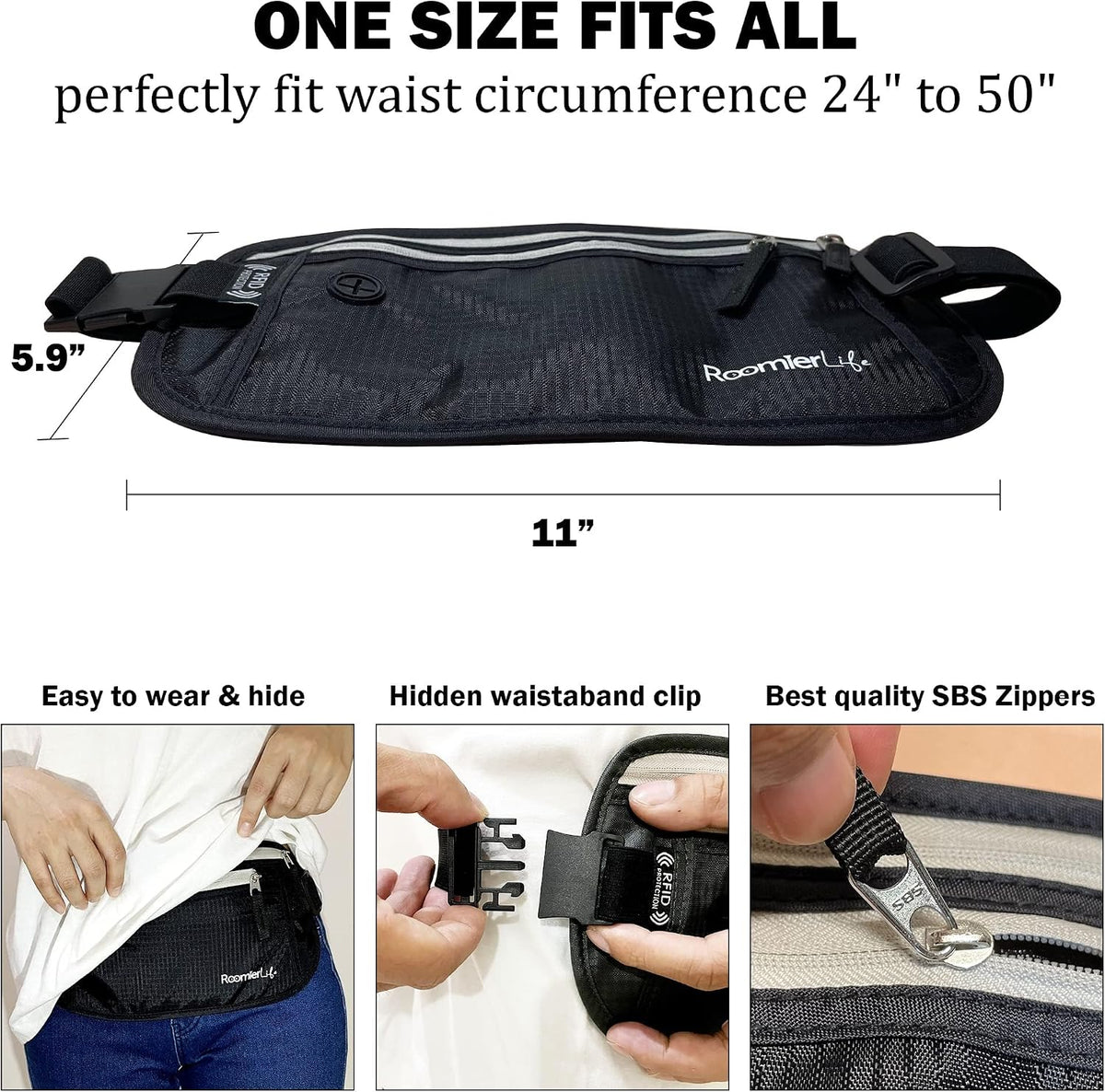 Money Belt for Men Travel Security Belt with Hidden Money Compartment Pocket, Cashsafe Anti-Theft Wallet Non-Metal Buckle