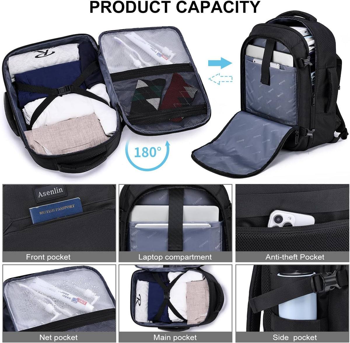 Travel Backpack for Women Men,Flight Approved Carry On Luggage 40L Water Resistant Business Laptop Backpacks Fits TSA 17.3 Inch Computer College Weekender Outdoor Hiking-Grey