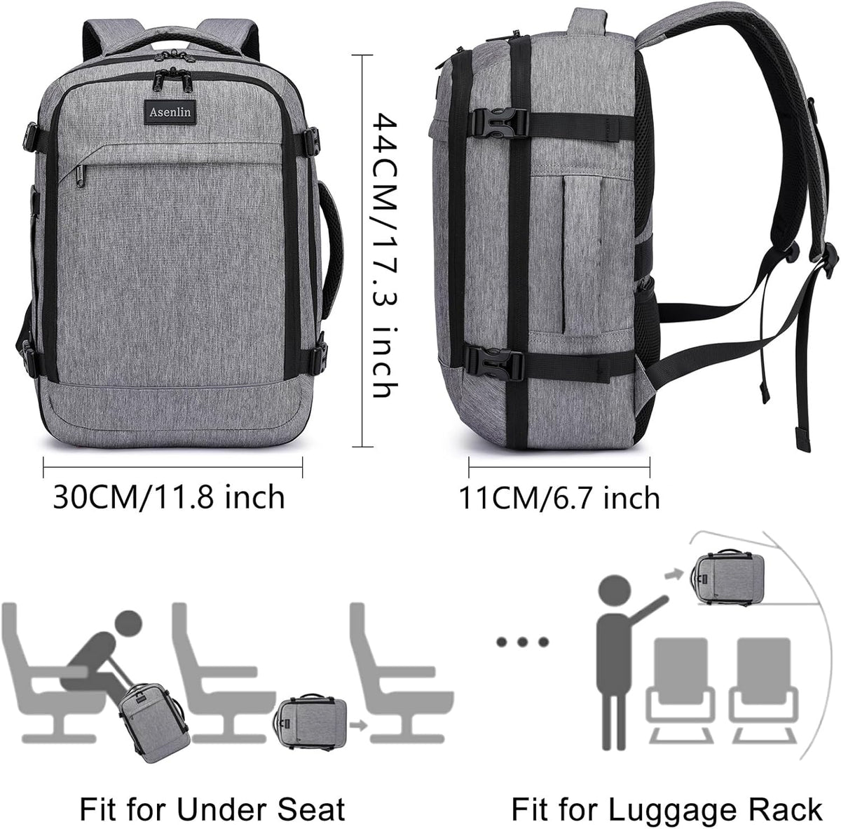 Travel Backpack for Women Men,Flight Approved Carry On Luggage 40L Water Resistant Business Laptop Backpacks Fits TSA 17.3 Inch Computer College Weekender Outdoor Hiking-Grey