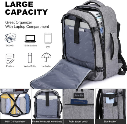 Travel Backpack for Women Men,Flight Approved Carry On Luggage 40L Water Resistant Business Laptop Backpacks Fits TSA 17.3 Inch Computer College Weekender Outdoor Hiking-Grey